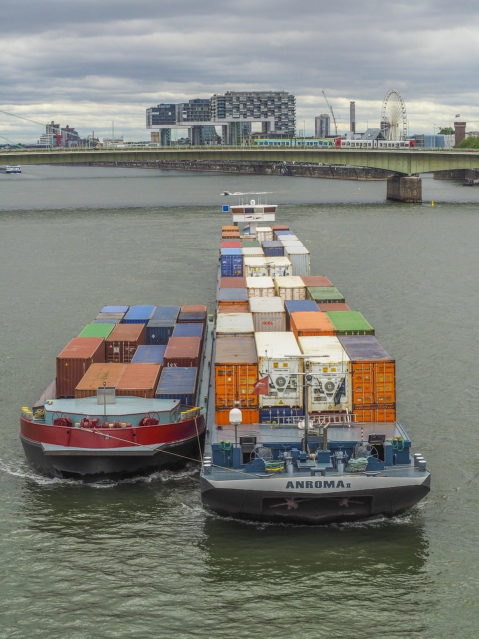 ship, nature, flow, water, logistics, container ship, rhine, cargo ship, container, freighter, transport, shipping, freight, water transport, trade, bridge, cologne, crane houses, architecture